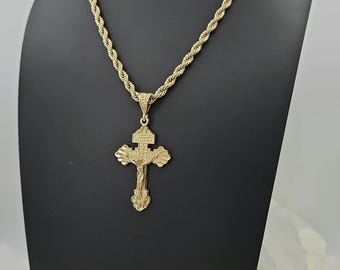 Large Gold Crucifix Necklace, 5mm Rope Chain, 14k Heavy Plated, Lifetime Replacement Guarantee
