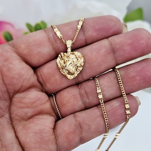 Gold Nugget Necklace, Gold Nugget Heart, 1mm Curb Chain with Design, Women's Gold Nugget Necklace, 14k Heavy Plated Gold, Beautiful