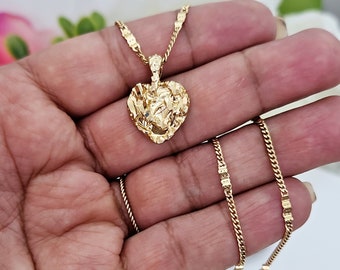 Gold Nugget Necklace, Gold Nugget Heart, 1mm Curb Chain with Design, Women's Gold Nugget Necklace, 14k Heavy Plated Gold, Beautiful