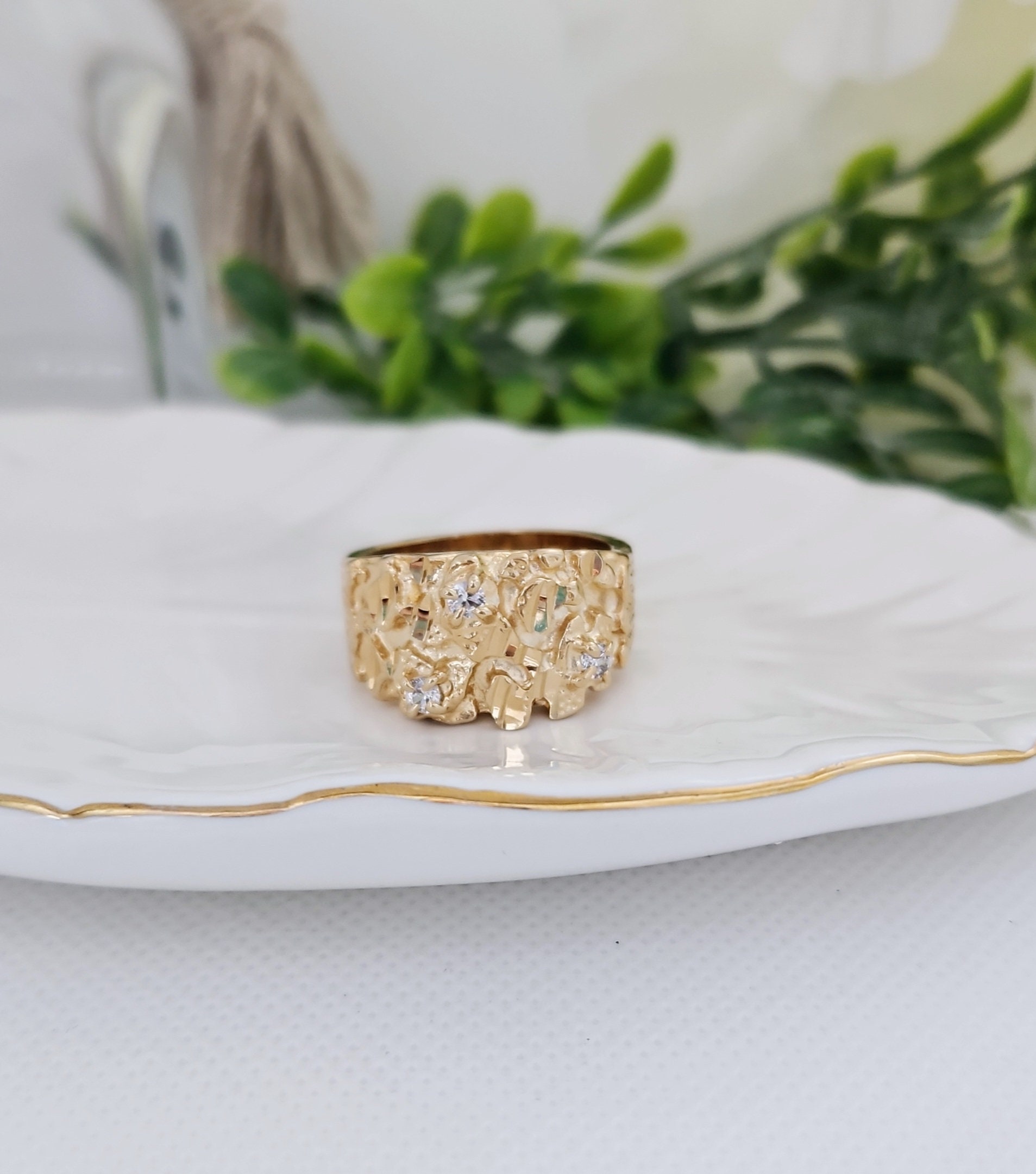 Gold Nugget Ring, Men&#39;s Nugget Diamond Ring, 14k Heavy Plated Gold, Cubic Zirconia Nugget Ring, High Quality, Lifetime Replacement Guarantee