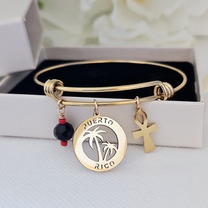 Gold Puerto Rico Adjustable Bangle, 14k Gold Over Stainless Steel, Tarnish Free, Will Not Fade, Medium Sized Bangle, Azabache & Cross Charms