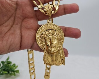 ジャンボゴールドジーザスネックレス、11mmフラットフィガロ、14K