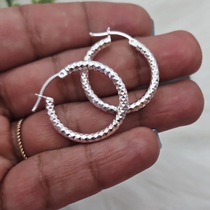 Sterling Silver Diamond Cut Hoop Earrings: Lightweight 25mm Hoops
