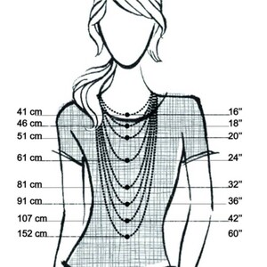 May include: A diagram showing different necklace lengths in inches and centimeters. The lengths are 16 inches, 18 inches, 20 inches, 24 inches, 32 inches, 36 inches, 42 inches, and 60 inches. The corresponding lengths in centimeters are 41 cm, 46 cm, 51 cm, 61 cm, 81 cm, 91 cm, 107 cm, and 152 cm.