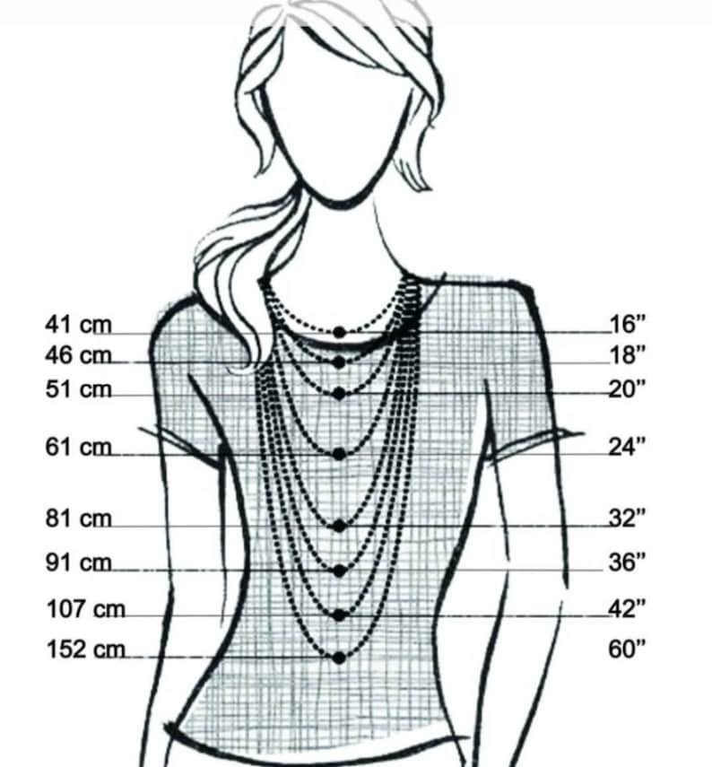 May include: A diagram showing different necklace lengths in inches and centimeters. The lengths are 16 inches, 18 inches, 20 inches, 24 inches, 32 inches, 36 inches, 42 inches, and 60 inches. The corresponding lengths in centimeters are 41 cm, 46 cm, 51 cm, 61 cm, 81 cm, 91 cm, 107 cm, and 152 cm.