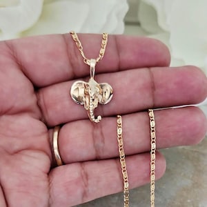 Gold Elephant Pendant Necklace: 14k Plated, 2mm Scroll Chain