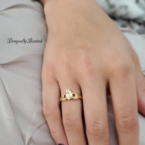 Gold Claddagh Ring, Love & Friendship, 14k Heavy Plated Gold Claddagh Heart Ring, Diamond Cut Claddagh Ring for Women, Best Friend Ring