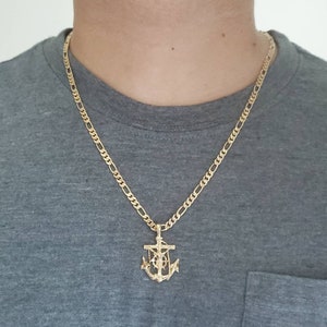 Gold Anchor Crucifix Necklace: 14k Plated Figaro Chain