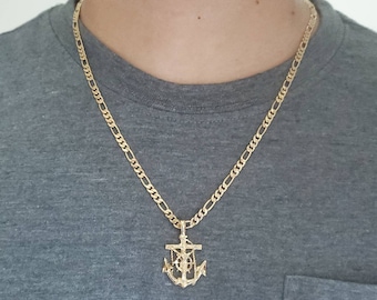 【STING925】Jesus Piece Pendant Anchor chain 4mm 60cm Men's 14k Gold Over Solid 925 Silver Jesus Crucifix & Anchor
