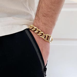 Gold Cuban Bracelet, 15mm Men&#39;s Cuban Curb Bracelet, Diamond Cut Curb Bracelet, 14k Heavy Plated Gold, Lifetime Replacement Guarantee
