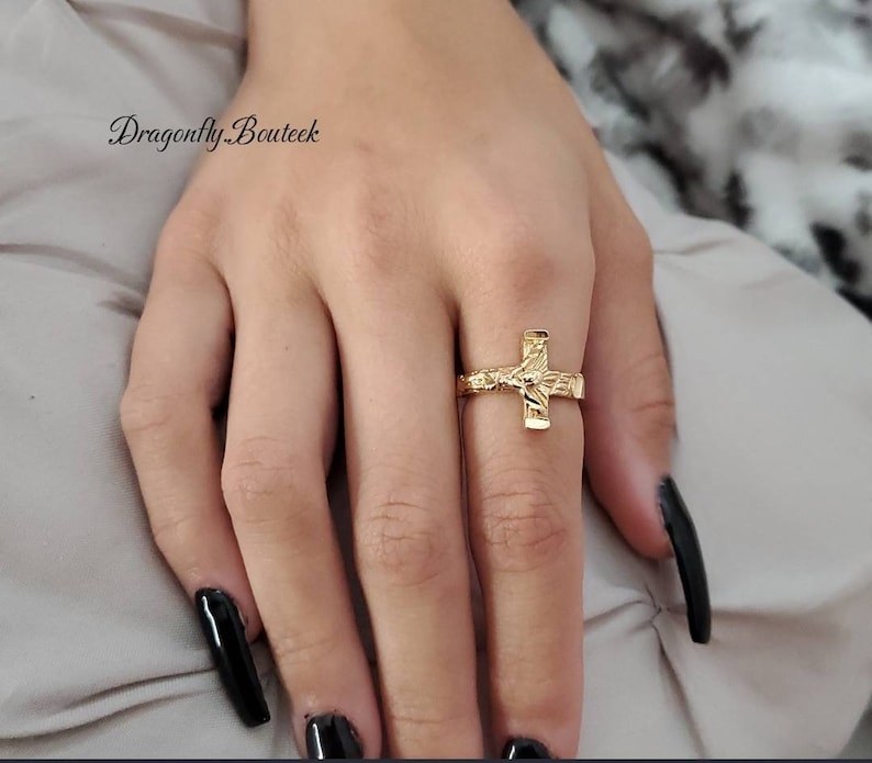 Gold Crucifix Ring, Gold Cross Ring, Crucifix Ring, Gold Cross Ring, Unisex Ring, 14k Heavy Plated Gold, Lifetime Replacement Guarantee image 8