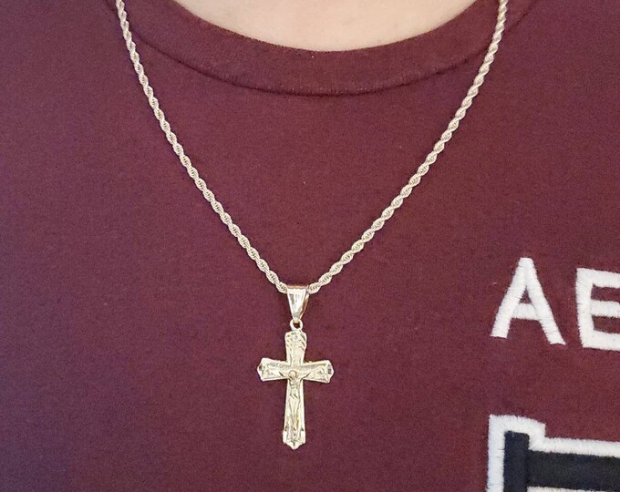 14k Gold Crucifix Necklace for Men, 3mm Rope Chain with Crucifix, Gold Diamond Cut Cross Chain, 14k Heavy Plated Necklace, High Quality