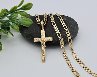Collar con crucifijo de oro: chapado en oro grueso de 14 k, cadena Figaro de 4 mm, garantía de reemplazo de por vida