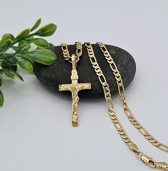 Gold Crucifix Necklace: 14k Heavy Plated Gold, 4mm Figaro Chain, Lifetime Replacement Guarantee
