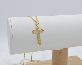 14 Karat vergoldete Kruzifix-Halskette: Unisex Kreuzanhänger, 1 mm Kette