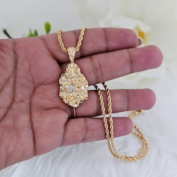 Gold Nugget Necklace, CZ  Gold Nugget, 14k Heavy Plated Gold, 2mm French Rope Chain, Small-Medium Nugget Pendant,  Women, Teens, Guys