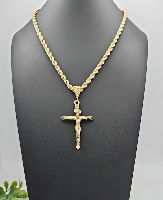 Large Gold Crucifix Necklace: Men's 5mm French Rope Chain, Nugget Bale