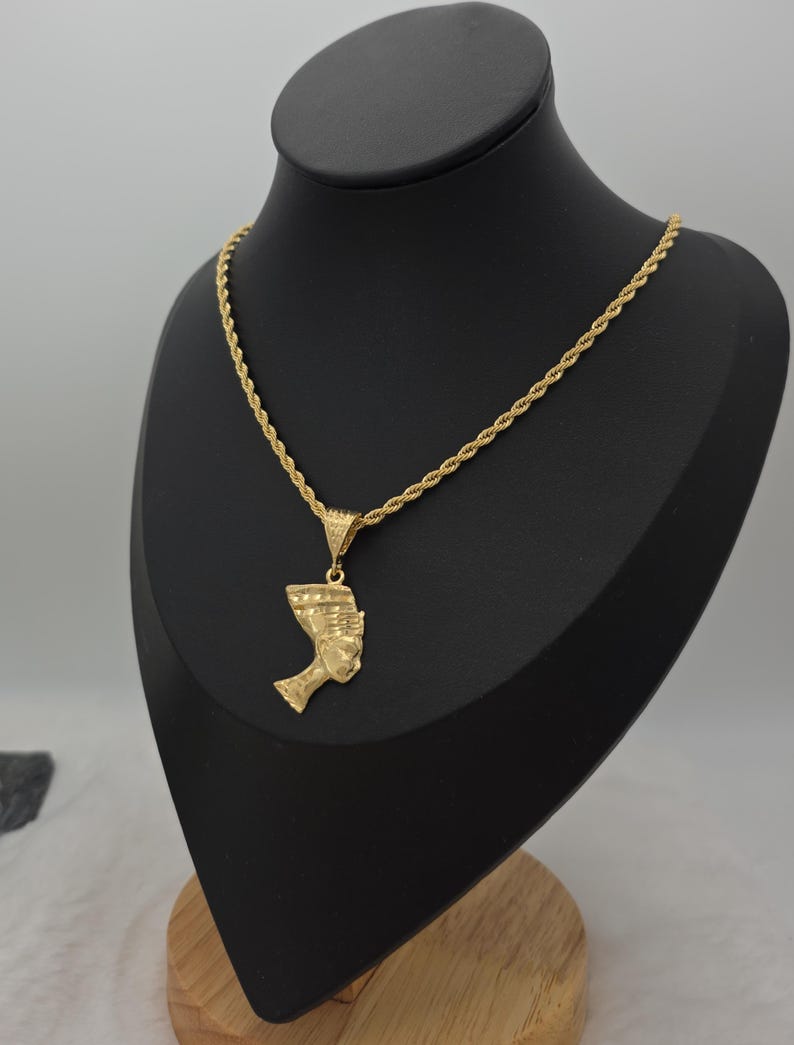 Gold Nefertiti Pendant Necklace: 14k Heavy Plated, 3mm French Rope Chain, Lifetime Replacement Guarantee image 14