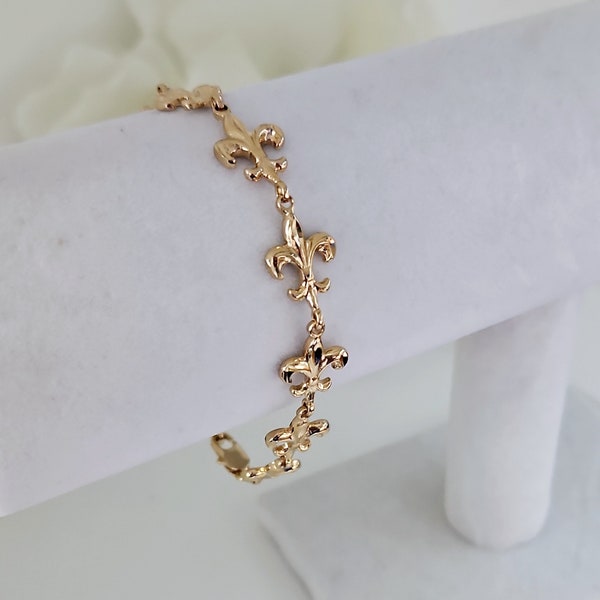 Bracelet fleur de lys en or, bracelet en or massif 14 carats, bracelet fleur de lys pour femme, garantie de remplacement à vie, haute qualité