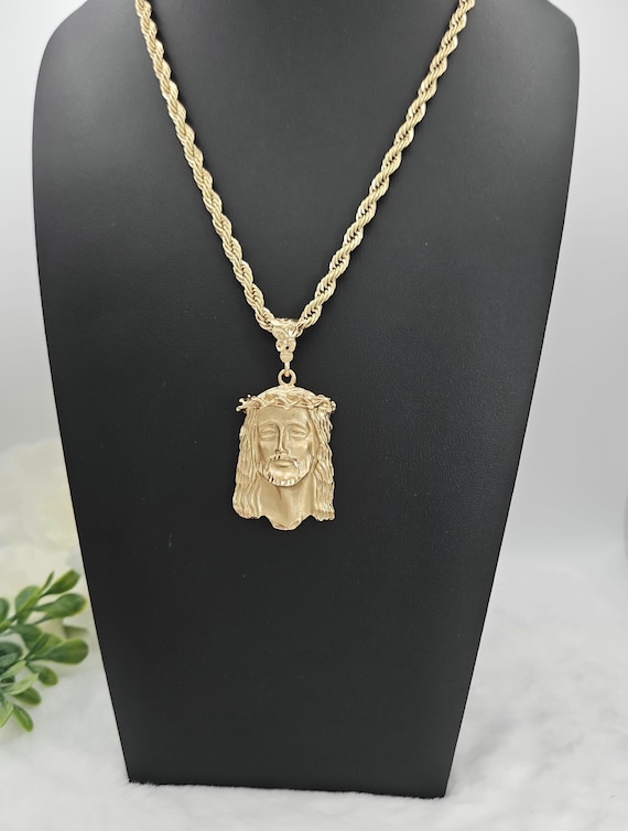 Large Jesus Pendant Necklace - 5mm French Rope Chain, 14k Heavy