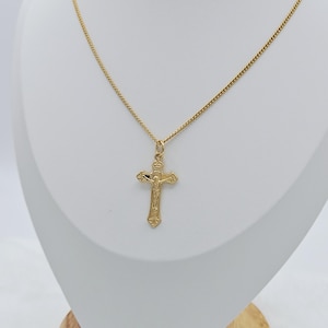 Gold Small Crucifix Necklace, 1mm French Rope Chain, 14k Heavy Plated Gold, Unisex Crucifix Necklace, 14k Heavy Plated Gold, Small Cross
