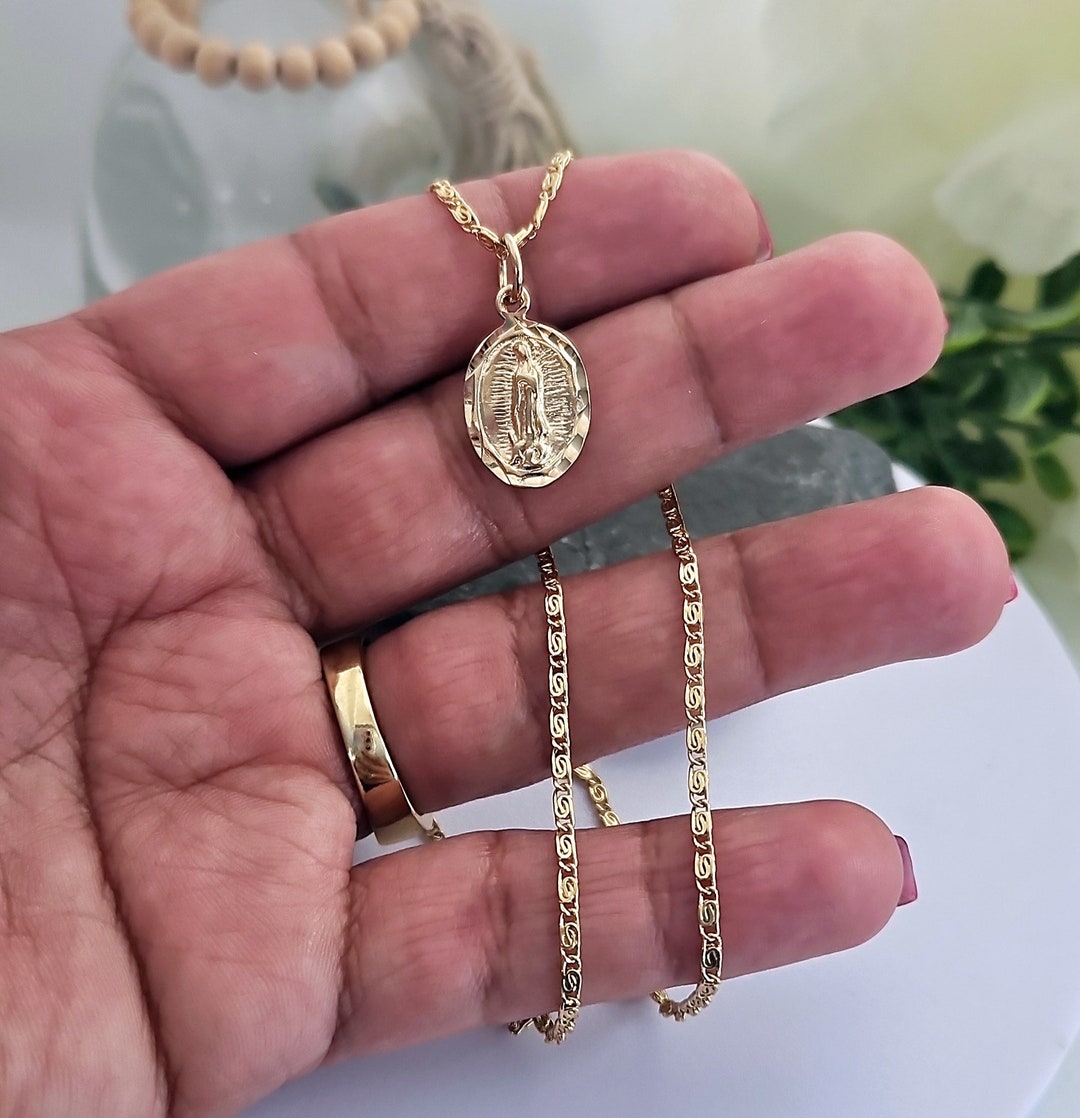 Gold Virgin Mary Necklace, Small Guadalupe Necklace, Diamond Cut Virgin