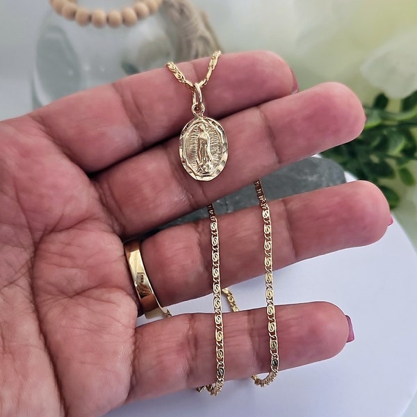 Gold Virgin Mary Necklace, Small Guadalupe Necklace, Diamond Cut Virgin Mary Pendant, Oval Pendant, 14k Heavy Plated Gold, Double-Sided