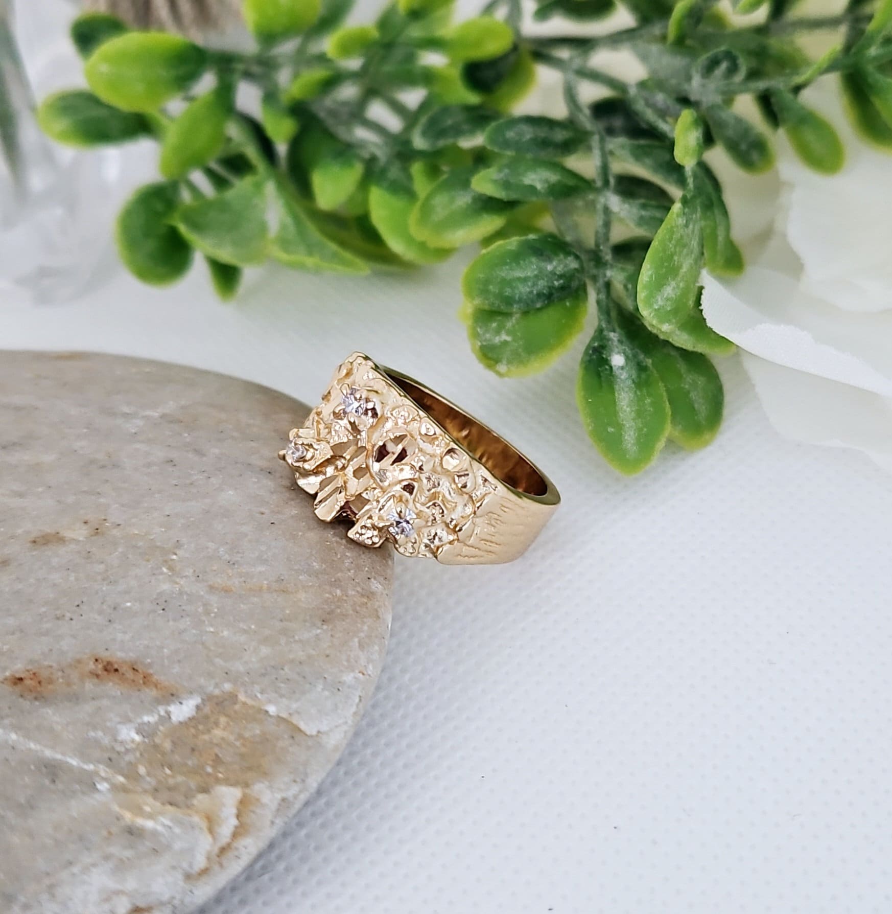 Gold Nugget Ring, Men&#39;s Nugget Diamond Ring, 14k Heavy Plated Gold, Cubic Zirconia Nugget Ring, High Quality, Lifetime Replacement Guarantee