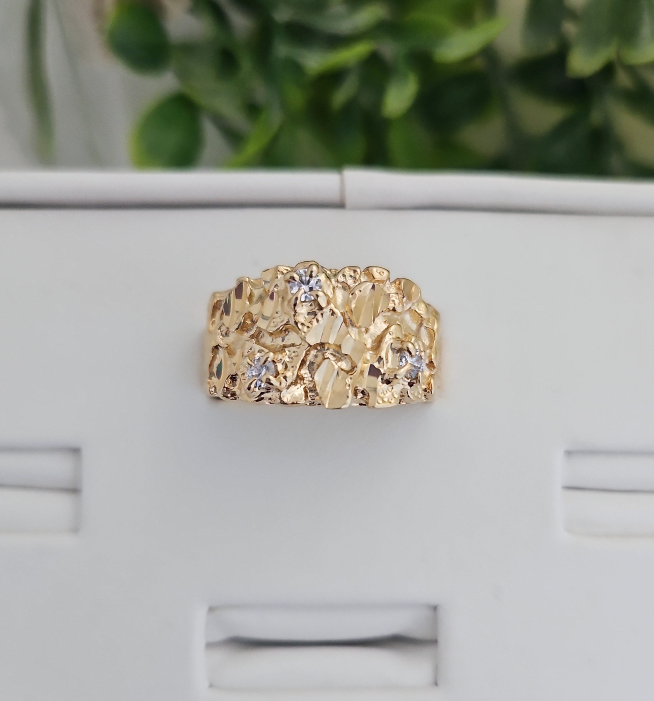 Gold Nugget Ring, Men&#39;s Nugget Diamond Ring, 14k Heavy Plated Gold, Cubic Zirconia Nugget Ring, High Quality, Lifetime Replacement Guarantee