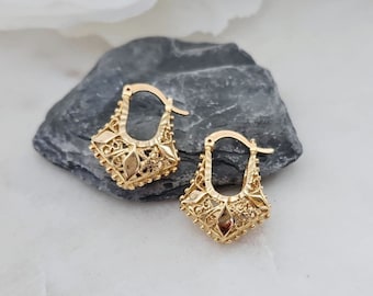 Gold Small Basket Earrings, Small Puffy Filigree Earrings, 14k Heavy Plated Gold, Hypoallergenic Posts, High Quality Earrings