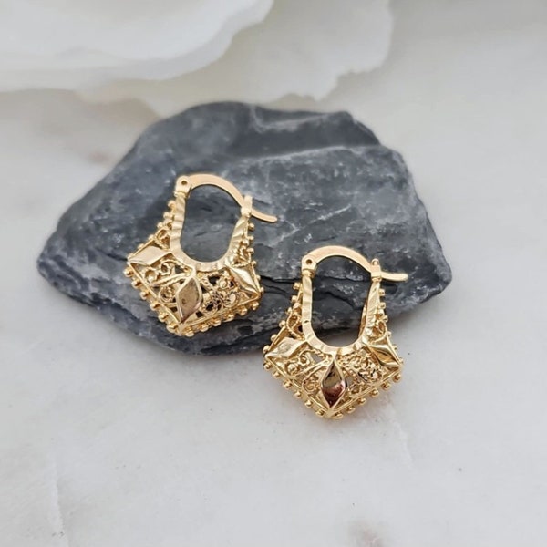 Gold Small Basket Earrings, Small Puffy Filigree Earrings, 14k Heavy Plated Gold, Hypoallergenic Posts, High Quality Earrings