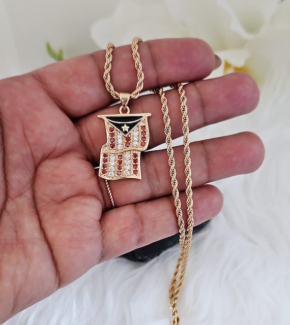 Gold Puerto Rico Flag Necklace: CZ Rhinestone Pendant, 2mm Rope