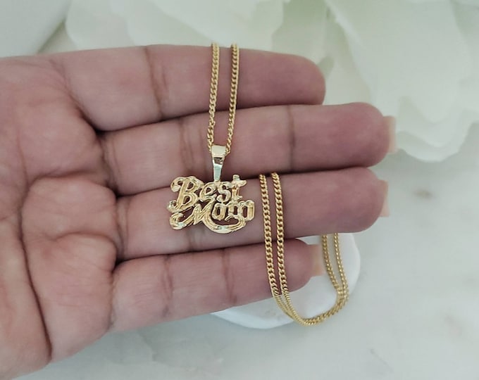 14k Gold Mom Necklace, Best Mom Necklace, 14k Heavy Plated Gold, 1mm Curb Chain, Gift for Mom, Gift for Mom, Mother's Day Gift