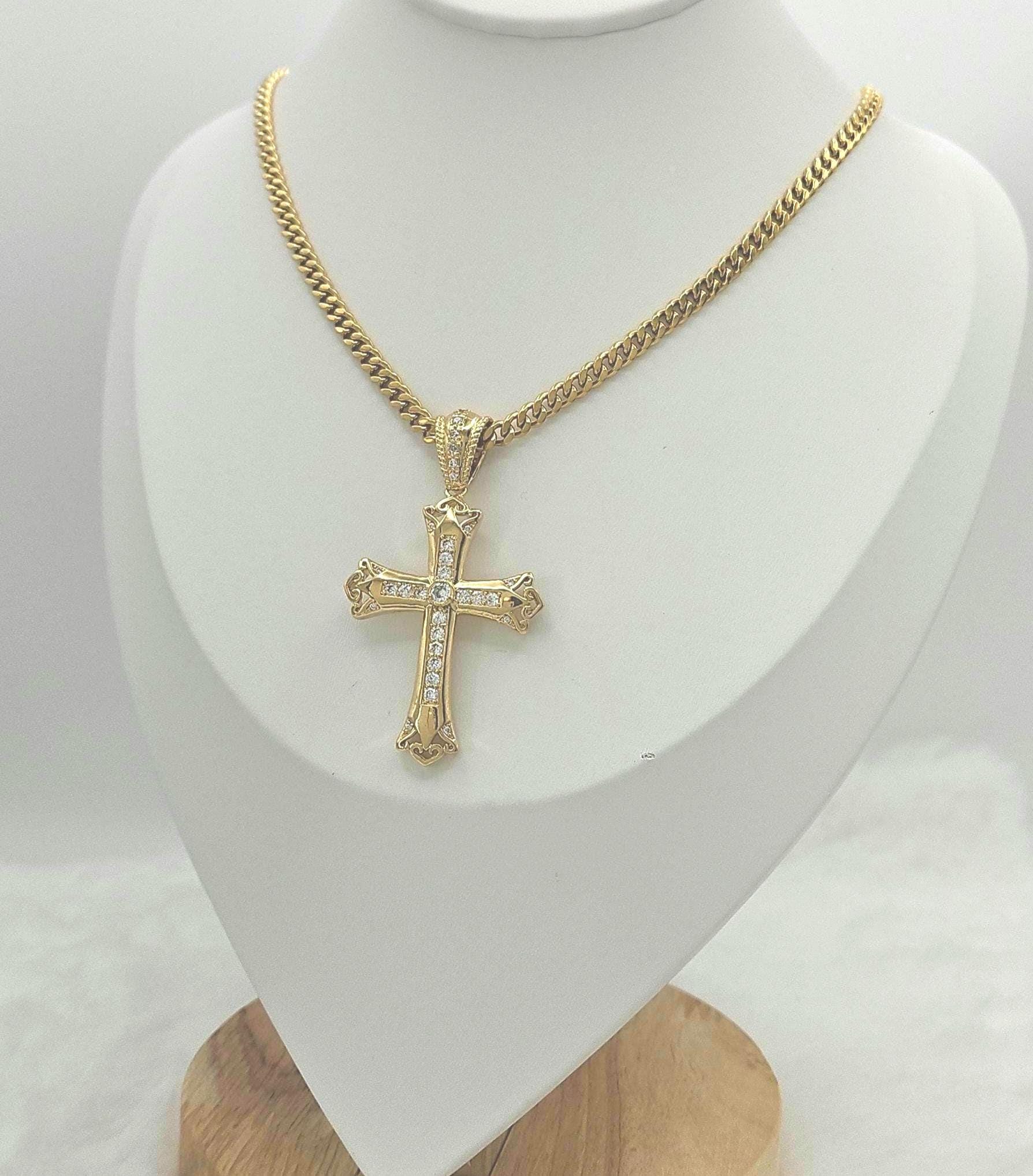 Gold CZ Cross Necklace for Men: 14k Plated, 4mm Cuban Chain