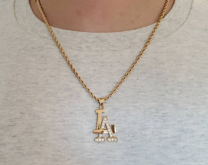 Gold LA Necklace, Los Angeles Necklace,  Unisex Necklace, 14k Heavy Plated Gold, 3mm Rope Chain, Pendant is 33mm in Height, High Quality