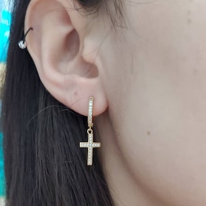 Gold Cross Huggie Earrings: CZ Paved Dangle, 14k Heavy Plated