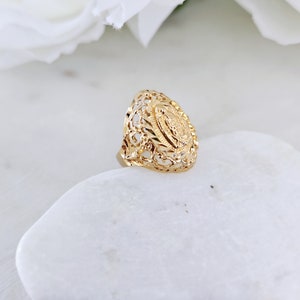 Anillo Guadalupe de oro con corte de diamante para mujer, anillo de Nuestra Señora de Guadalupe, para mujer, anillo Guadalupe de filigrana elegante, anillo de oro grueso de 14k
