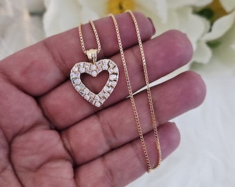 CZ Diamond Heart Necklace: 14k Gold Plated Pendant, Box Chain