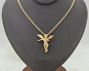 Gold Angel Necklace: 3mm Curb Chain, 14k Heavy Plated, Lifetime Replacement Guarantee