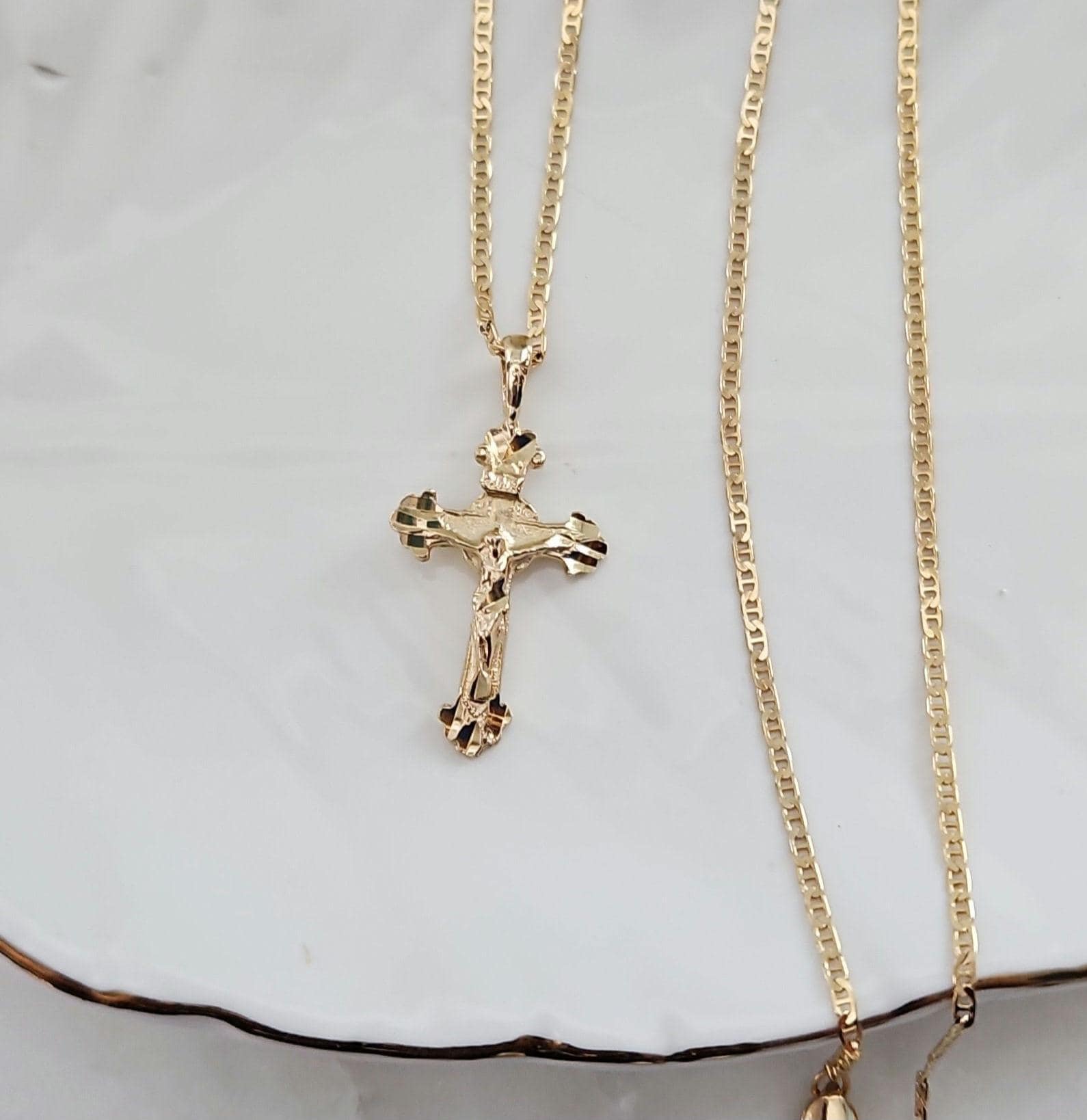 Dainty Crucifix Necklace: 14k Gold Plated Mariner Chain - Etsy