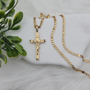 Gold Crucifix Necklace for Men, 14k Heavy Plated Gold, Men's Crucifix Necklace, 3mm Flat Figaro with Design, Lifetime Replacement Guarantee