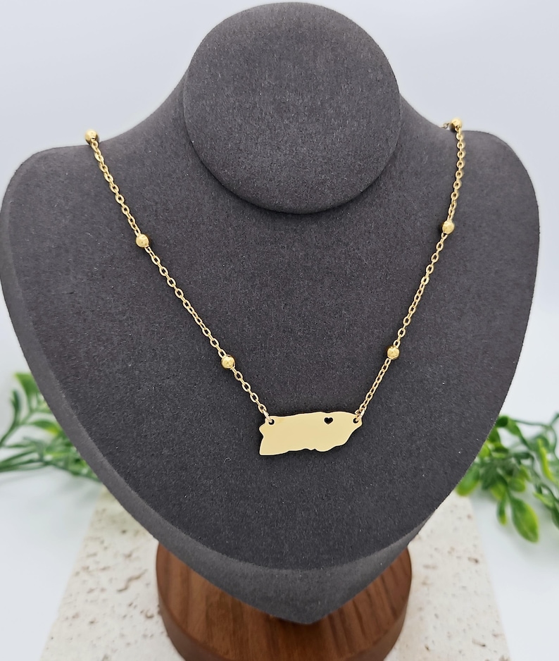 May include: Gold necklace with a small, detailed outline of Puerto Rico with a heart cutout in the center. The necklace has small gold beads along the chain.