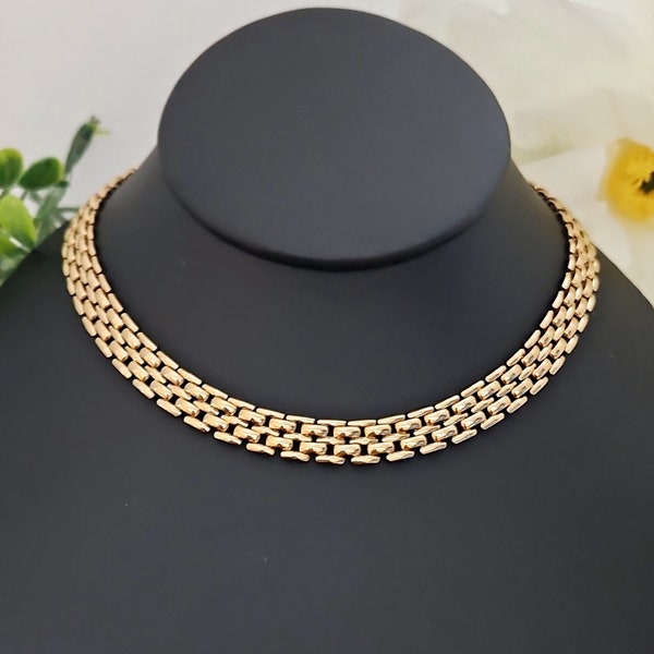 Gold Vintage Choker, Five Row Panther Necklace, 14k Heavy Plated Gold Necklace, Buckle Clasp, Lifetime Replacement Guarantee, 7mm in Width