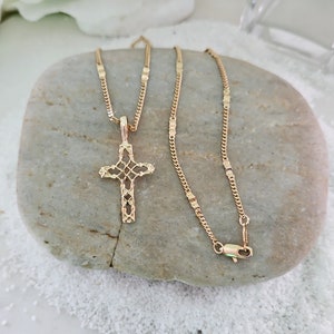 14k Gold Plated Cross Necklace: Diamond Cut Grid Crucifix