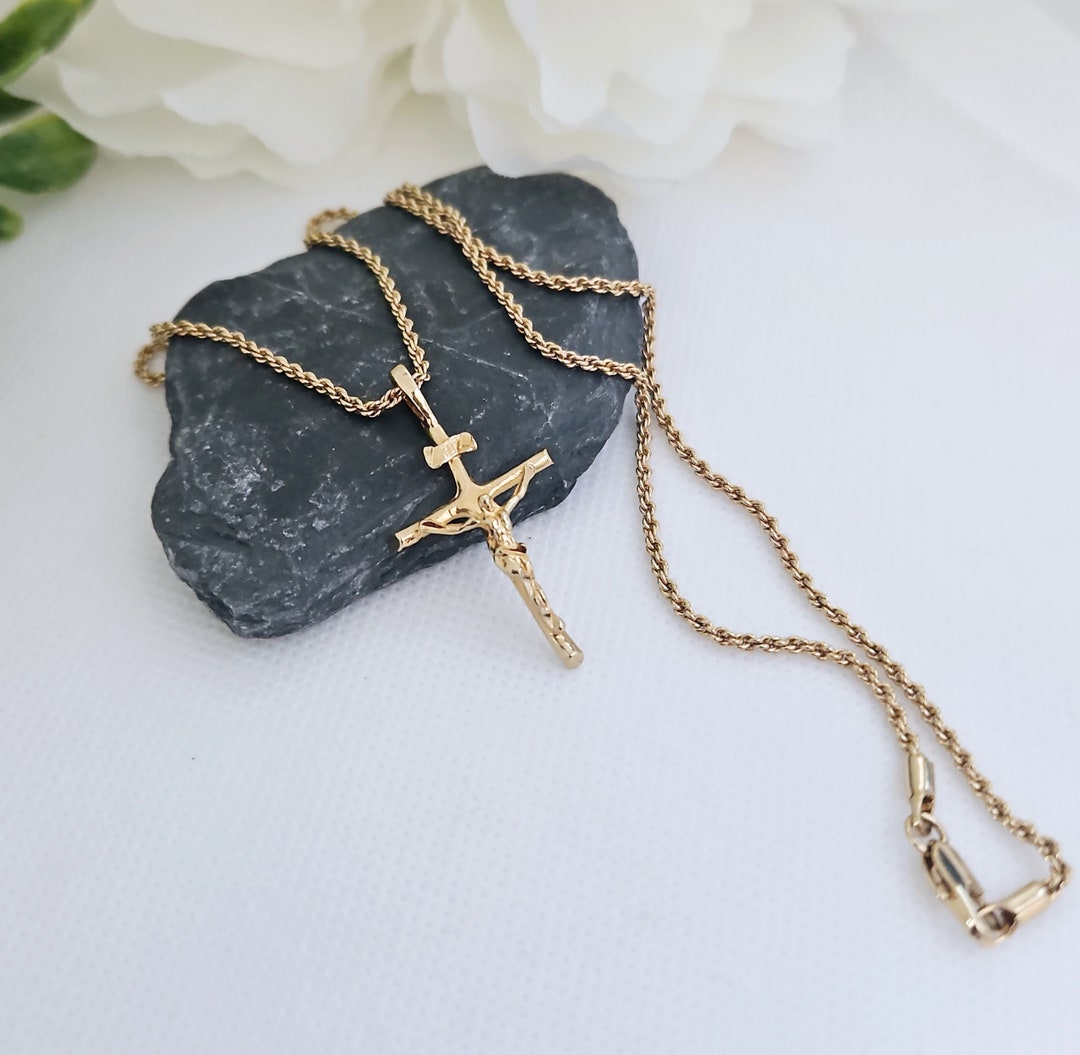 Gold Crucifix Necklace, 14k Heavy Plated Gold, Unisex Crucifix Necklace, 1mm DC French Rope