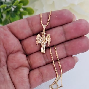 Gold Guardian Angel Necklace: 14k Plated, Diamond Cut, 1mm Box Chain