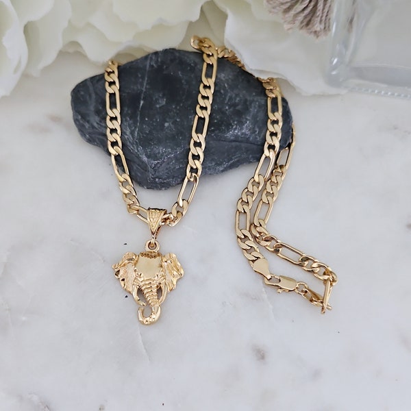 Gold Elephant Necklace, 14k Heavy Plated Gold, 6mm Figaro Chain, Elephant Chain, High Quality Necklace, Lifetime Replacement Guarantee