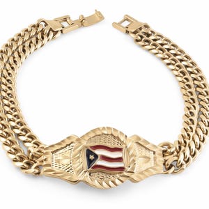 Gold Puerto Rico Bracelet, Men's Gold Puerto Rico Bracelet, 14k Heavy Plated Gold Fade Free Bracelet, Center is 20mm in Width, Chain 5mm Ea.