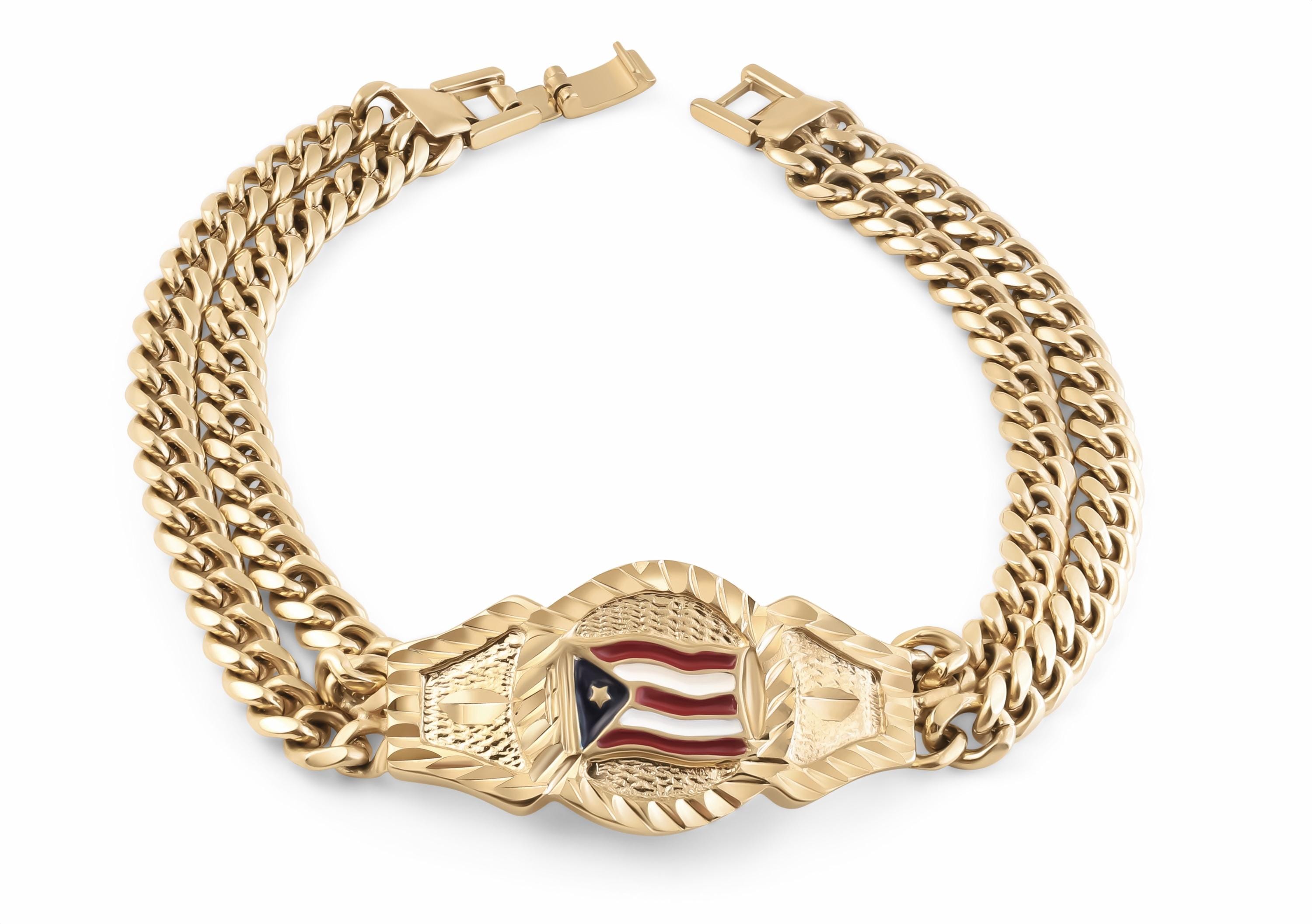 Pulsera de oro con la bandera de Puerto Rico, chapada en oro grueso de 14 k, garantía de reemplazo de por vida.