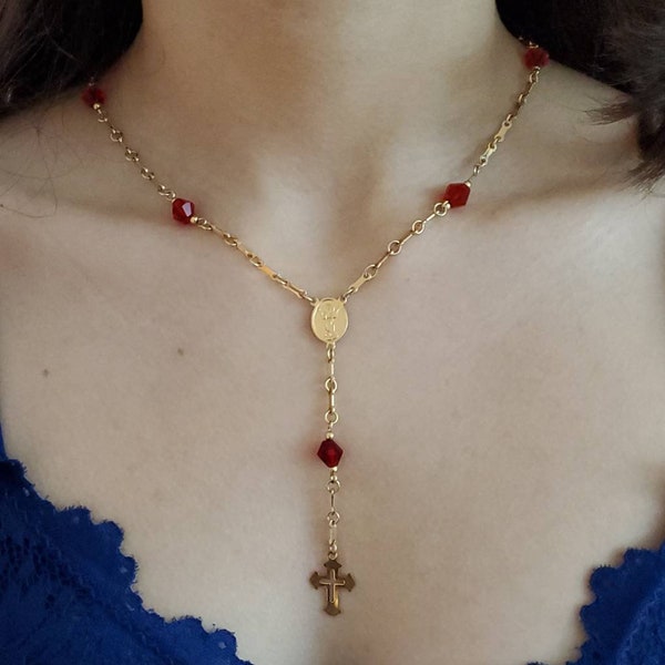 Gold Rosary Necklace, Red Beads Rosary, 16" Rosary Necklace, Crucifix Necklace for Women, Girls, Gold Red Rosary
